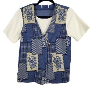 Vintage Patchwork Color Block Faux Wrap Top